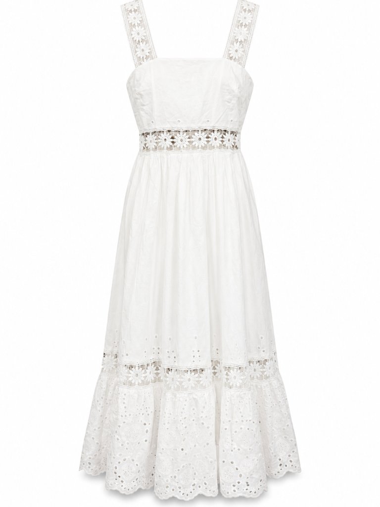 White Eyelet Midi Dress With Lace Straps